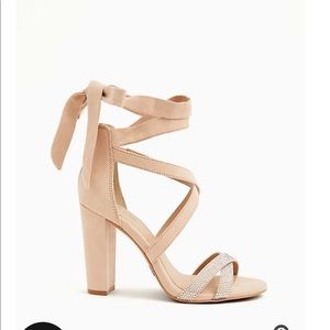 BEIGE FAUX SUEDE RHINESTONE ANKLE WRAP TAPERED WW